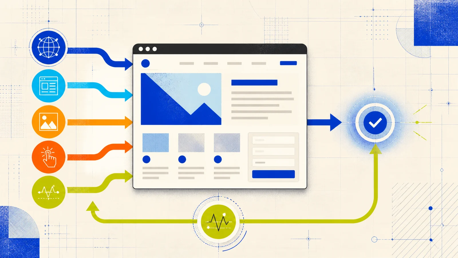 Five B2B website performance layers feeding a stable page and verification loop